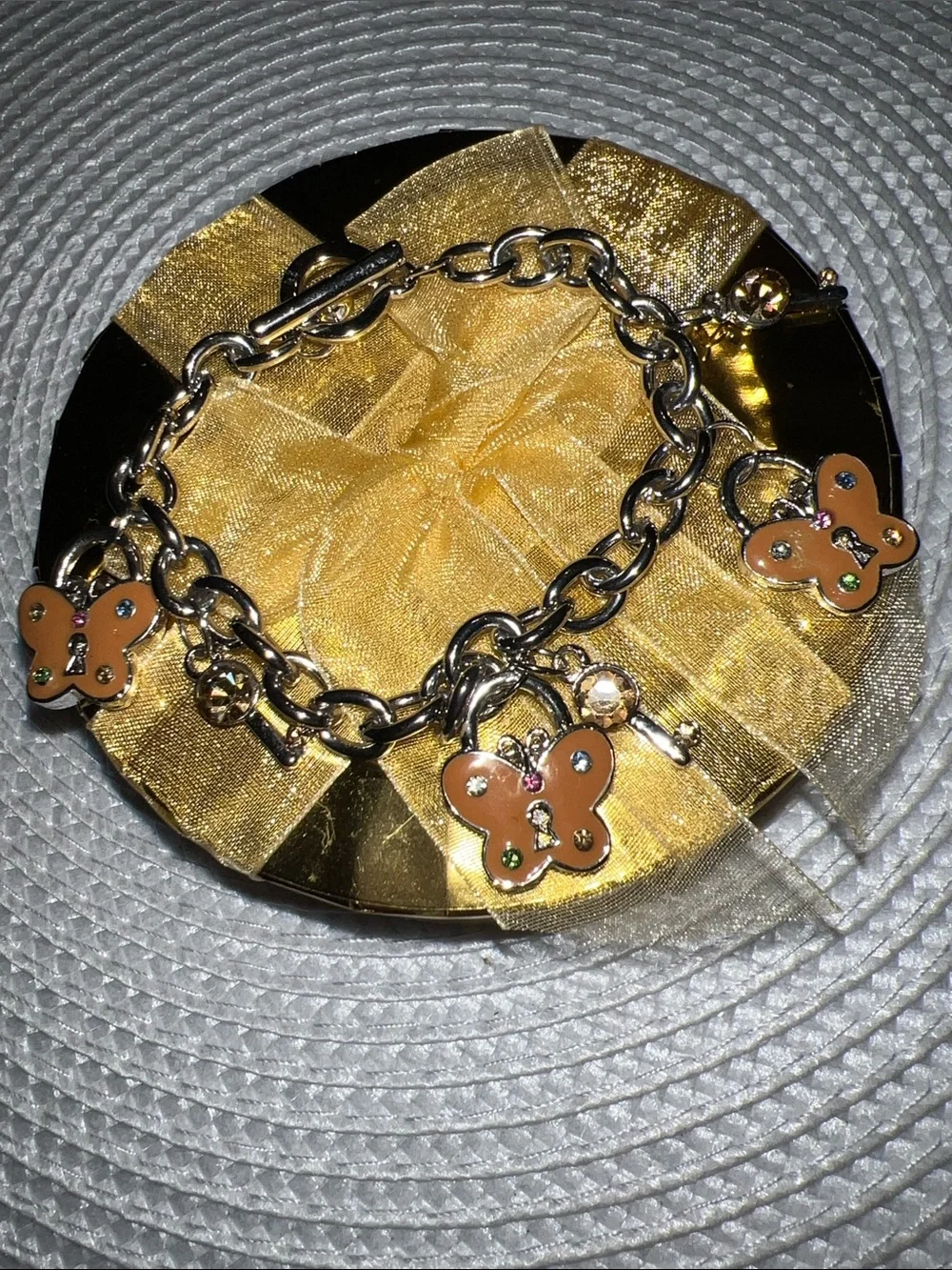 Gold Chain Bracelet with Pink-Orange Butterfly Charms